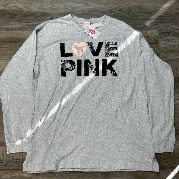 PINK Originals Limited Edition Long Sleeve Grey Sequins Tee (NWT) - Picture 1 of 11